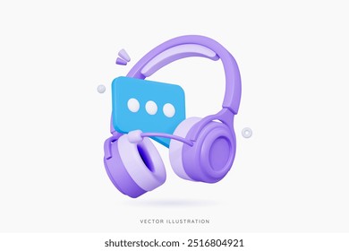 Serviço de suporte de linha direta 3D com fones de ouvido roxos e mensagem de bolha. Conceito de call center. Consulta de usuários on-line. Chatbot para obter ajuda e perguntas aos consumidores. Ícone de desenho animado. Ilustração do vetor 3D