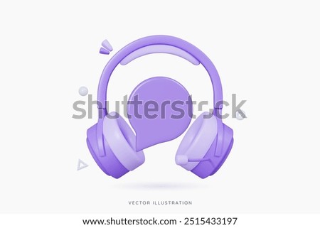 3D Hotline support service with purple headphones and bubble message. Call center concept. Online user consultation. Chatbot for help and consumer question. Cartoon design icon. 3D Vector illustration