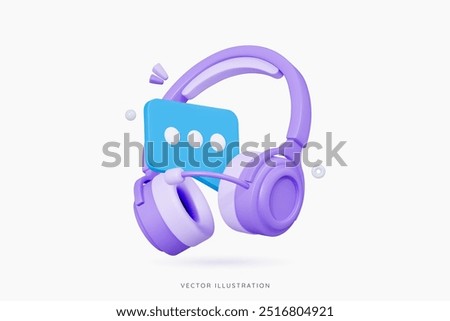 3D Hotline support service with purple headphones and bubble message. Call center concept. Online user consultation. Chatbot for help and consumer question. Cartoon design icon. 3D Vector illustration