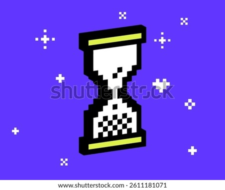 3D hourglass pixel art element. Y2k inspired bold groovy timer collage sticker. Mood of 90s. 8 bit retro style vector illustration. Simple geometric sandglass shape with sparkle. Game abstract icon