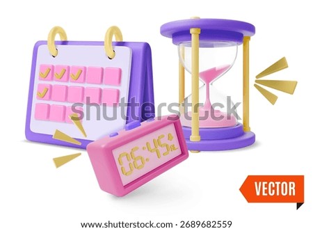 3d Hourglass with Sand, Led Digital Alarm Clock and Calendar Planning Concept Cartoon Design Style. Vector illustration