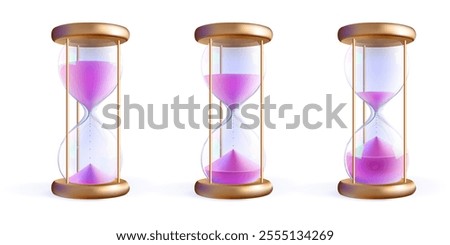 3d hourglass sequence set with pink sand. Glass clock miss budget. Shop hour alarm countdown. Vector sandglass icon. Pension revenue gold timer concept. Deposit payment realistic promo period watch.