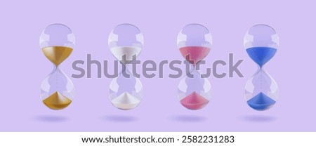 3d hourglass set with colored sand. Glass running clock, miss time. Shop hour alarm countdown. Vector transparent sandglass icon. Minimal gold blue pink timer concept. Realistic render promo period.