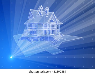 3d house: blue radial technology hologram. Vector illustration. Eps10