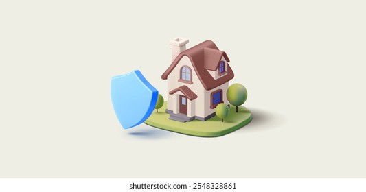 3d house building, blue shield. Banner for security, hacking, and safety concepts. Business, finance and insurance. Safe house. Vector illustration.