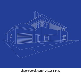 3D House building sketch. House line Icon on blue background. Illustration Vector