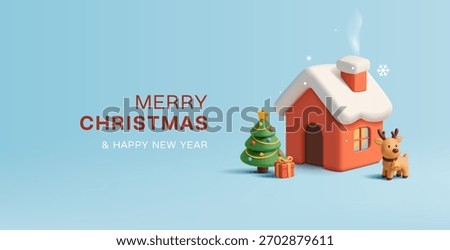 3D house building with snow on the roof, Christmas tree, gift, deer, snow. Christmas scene for greeting concepts. Cozy scene, childhood, magic. Vector illustration.