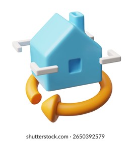 Construção de casa 3D design de tecnologias de computador tridimensionais. Desenho animado em volume estilo plástico ilustração vetorial. Renderizar home architect developer service, aplicativo gráfico plano