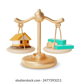 3d House Credit Concept Cartoon Design Style Isolated on a White Background. Vector illustration of Scale with Money and Home