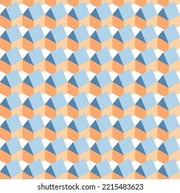 3D House Geometric Shape Square Seamless Repeat Vector Tile Pattern. Orange, Blue Colour. Background, Texture, Textile, Wallpaper, Print, Web.