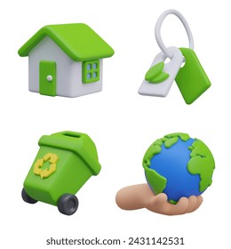 3D house with green roof, label with leaf, trash can with recycling symbol, Earth in human hands