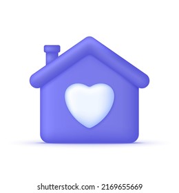 3D House icon with heart isolated on white background. Stay at home. Love symbol. Can be used for many purposes. Trendy and modern vector in 3d style.