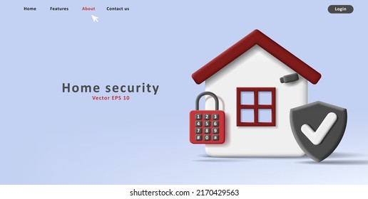 3d house illustration with padlock and shield. property security icon. Vector illustration