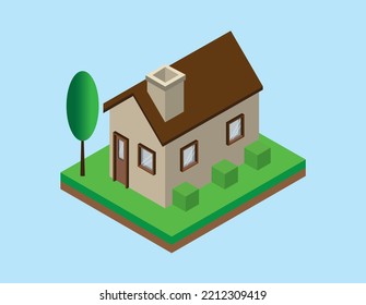 
3d house with isometry with effect and tree