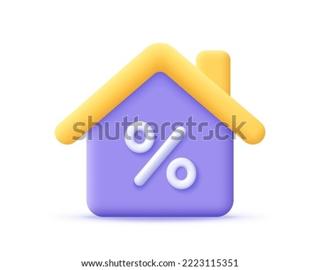 3D house with percentage icon. Render home for financial and mortgage rates, buy real estate, sale, discount, rent and investment concept. 3d house vector cartoon minimal illustration