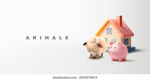 3D house, pig, sheep. Home farm animals. Modern banner for agriculture, and farm concepts. Vector illustration.