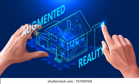 3D house plan. The engineer uses the virtual interface for augmented reality in the architectural design of the house. Virtual interactive interface controlled by gestures of the user's hands.