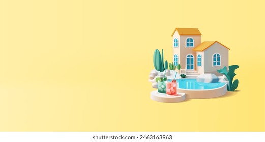 3D house with a pool and cocktails. Banner for advertising tourism, booking, and retreat in apartments near the sea, outside the city. Vector