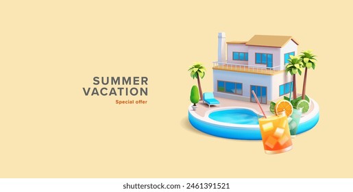 3D-Haus mit Pool, Palmen, kühlen Cocktails und einem Sonnenbett. Banner für die Konzepte des saisonalen Urlaubs in einer Villa am Meer, oder Meer. Vektorgrafik