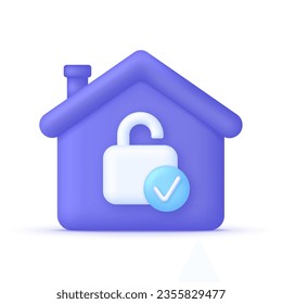 3D House protection illustration. Open padlock. Home protection concept. Apartment smart guard or defence padlock concept. Trendy and modern vector in 3d style.