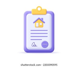 3d house real estate contract icon. Render signed document for mortgage or house buying online concept. Buying, selling or renting real estate. 3d contract vector cartoon minimal illustration