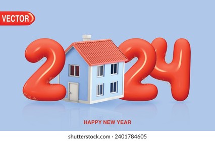 3d house with realistic number  2024. New Year red color 3d rendering number. Investments, plans, savings. Mortgage rates. Real estate concept for home purchase.
