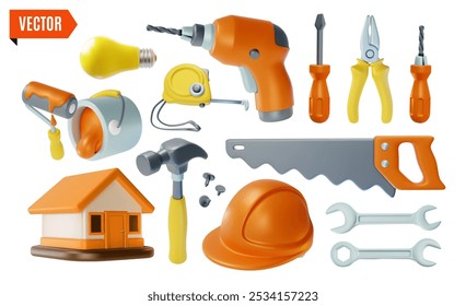 3d House Repair Tools Set Cartoon Design Style Include of Building, Bucket and Paint Roller. Vector illustration