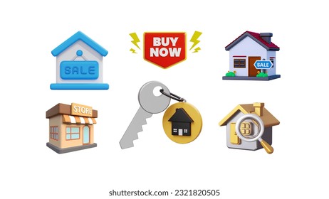 3d house for sale icons. Beautiful houses and store for sale on low price. Concept of selling property with white background.