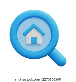 3d house search icon vector. Isolated on white background. 3d rental property and real estate concept. Cartoon minimal style. 3d magnifying glass and home icon vector render illustration.