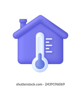 3D Haus und Thermometer Symbol. Temperaturwechselregelung im Haus. Wohnraumkonzept aufbereiten. Trendy und moderne Vektor im 3D-Stil