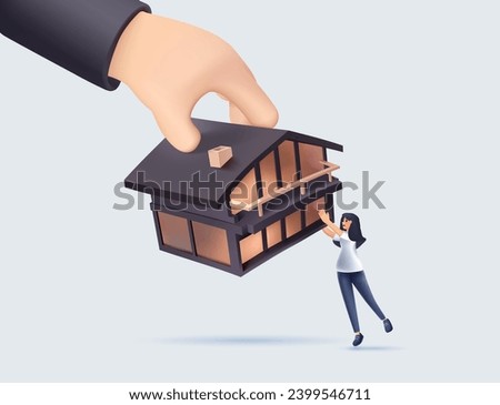 3D Housing crisis, property prices rising. Character not able to pay bank mortgage, rent, lease and lose home. Real estate market crash concept 3D. Vector illustration