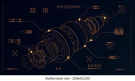 3D HUD Machine detail. Minimalistic gold infographics, poster or banner for website. Creativity and art, scheme. Modern technologies and digital world, futuristic. Cartoon vector illustration