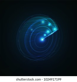 3d hud radar scanning the space . Military searching system blip . Navy radar with targets on screen . Technology background . Vector illustration .