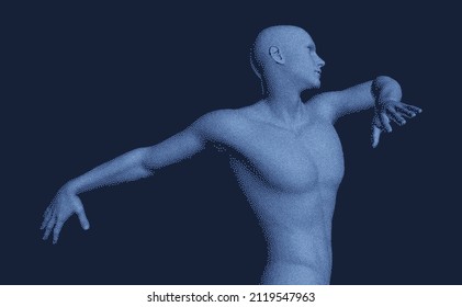 3D human body model composed of particles. Design for fashion. Art event invitation template. Vector illustration for banner, flyer, poster, cover or brochure. 