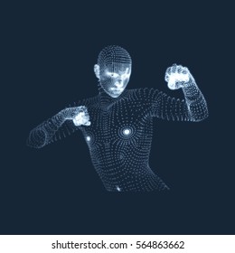 3D Human Body Model. Sport, Training and Martial Arts Concept. Design Element. Sport Symbol. Vector Graphics Composed of Particles.