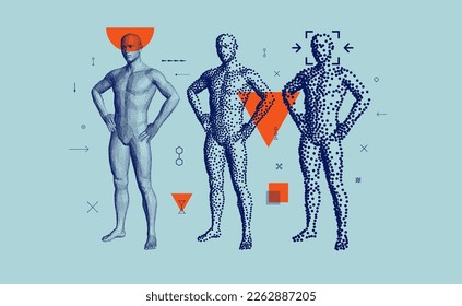 Modelos de cuerpo humano 3D. Tecnologías para la identificación personal. Concepto de robótica. Reconocimiento facial. Análisis biométrico. Ciberseguridad. Vector para folleto, volante, presentación o banner.