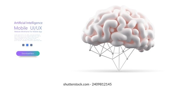 3D Human Brain Illustration with Network Connections Representing Artificial Intelligence. Neuron system complex model. Research of the human nerve network. Neural net structure. Vector illustration