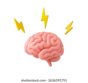 3D human brain with yellow lightning bolts symbolizing ideas, creativity, thinking, intelligence, and mental energy. 3d rendering. Vector illustration
