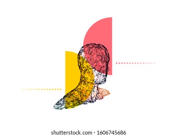 3d human face created in grid style. Artificial intelligence concept. Digital technology background. Vector illustration.
