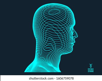 3d human face created in grid style. Artificial intelligence concept. Digital technology background. Vector illustration.