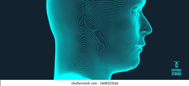 3d human face created in grid style. Artificial intelligence concept. Digital technology background. Vector illustration.
