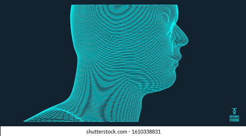 3d human face created in grid style. Artificial intelligence concept. Digital technology background. Vector illustration.