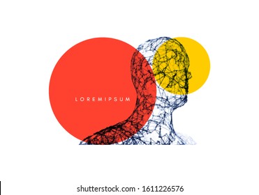 3d human face created in grid style. Artificial intelligence concept. Digital technology background. Vector illustration.