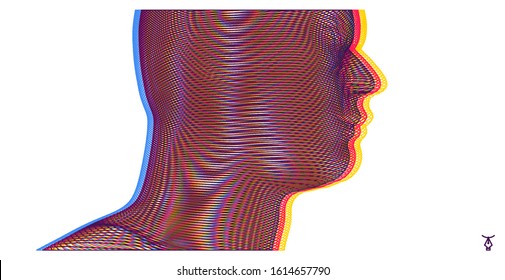 3d human face created in grid style. Artificial intelligence concept. Digital technology background. Vector illustration.