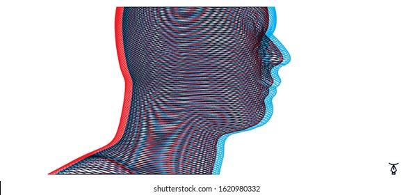 3d human face created in grid style. Artificial intelligence concept. Digital technology background. Vector illustration.