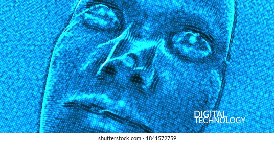 3D human face extruded from dotted pattern. Technology and robotics concept. Anonymous social masking. Cyber crime and security vector illustration.
