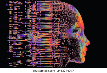 3D human face made of holographic pixels and particles on a dark background. A conceptual vector illustration of identity in virtual reality.