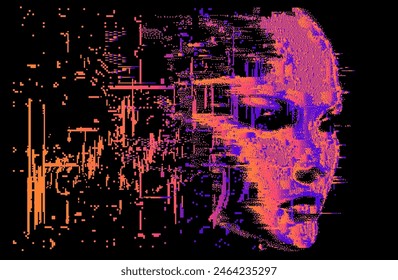 Cara humana 3D hecha de píxeles holográficos y partículas sobre un fondo oscuro. Una Ilustración vectorial conceptual identitaria en la realidad virtual.