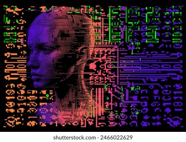 3D human face made of holographic pixels and particles on a dark background. A conceptual vector illustration of identity in virtual reality.