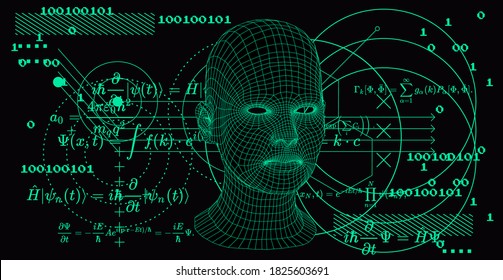 3D human face structure and binary code  and equations on black background. Artificial Intelligence and Neural network concept.